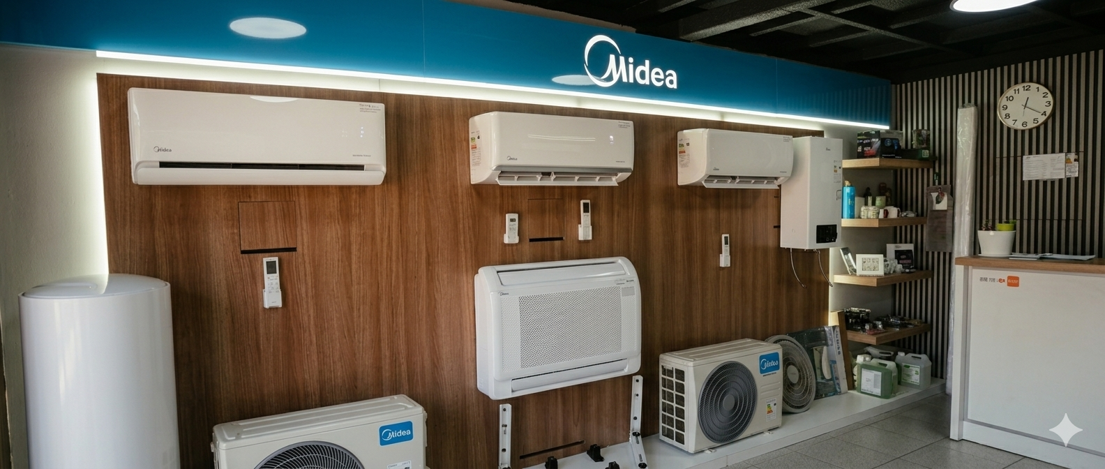 Sala de exhibición GlobalKlima — equipos Midea split muro, cassette y unidades exteriores